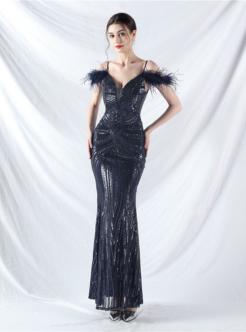 In Stock:Ship in 48 Hours Sexy Navy Blue Sequins Straps Feather Party Dress