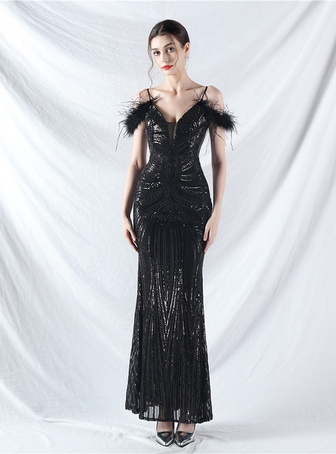 In Stock:Ship in 48 Hours Sexy Black Sequins Straps Feather Party Dress