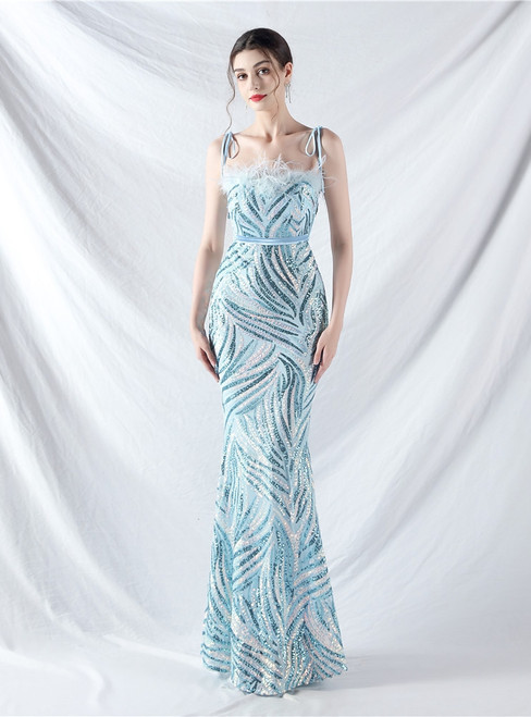 In Stock:Ship in 48 Hours Elegant Blue Sequins Straps Party Dress