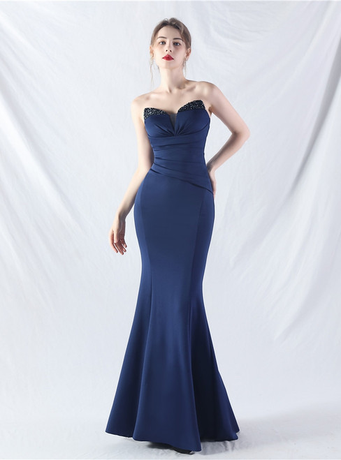 In Stock:Ship in 48 Hours Navy Blue Mermaid Pleats Beading Party Dress