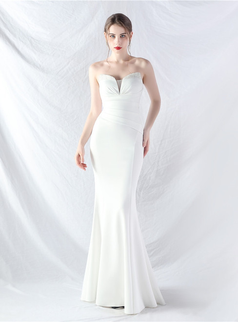 In Stock:Ship in 48 Hours White Mermaid Pleats Beading Party Dress