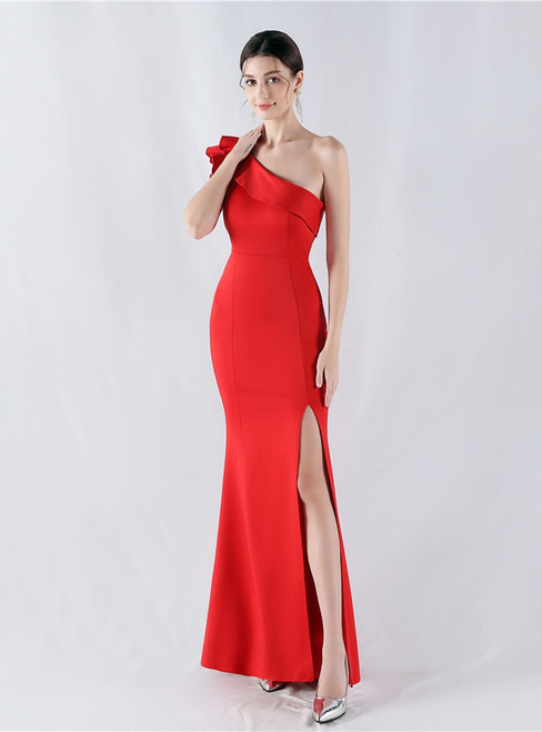  In Stock:Ship in 48 Hours Red Mermaid One Shoulder Beading Party Dress