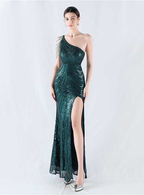 In Stock:Ship in 48 Hours Sexy Green Sequins Split Beading Party Dress