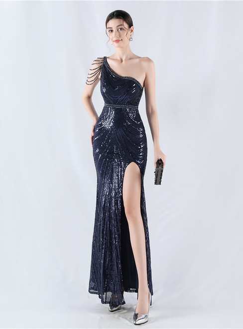 In Stock:Ship in 48 Hours Navy Blue Sequins Split Beading Party Dress