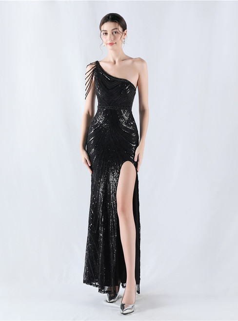 In Stock:Ship in 48 Hours Sexy Black Sequins Split Beading Party Dress