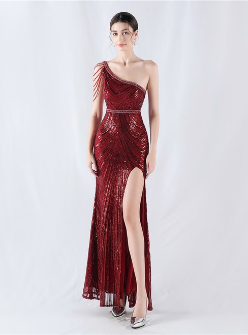 In Stock:Ship in 48 Hours Sexy Burgundy Sequins Split Beading Party Dress