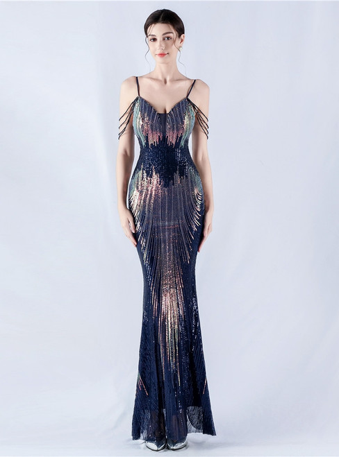 In Stock:Ship in 48 Hours Sexy Navy Blue Sequins Straps Beading Party Dress