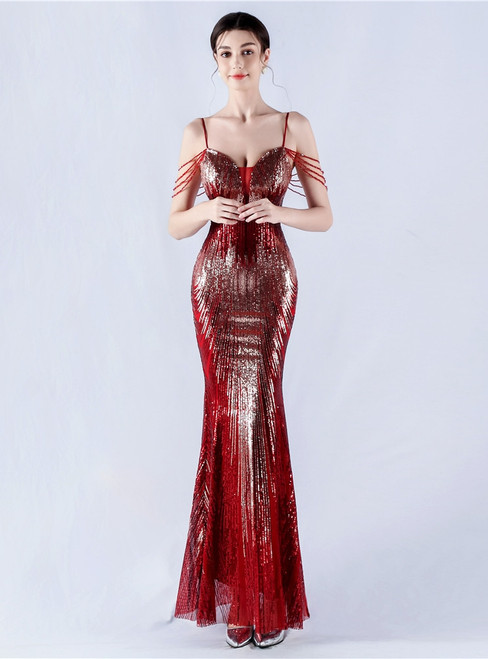 In Stock:Ship in 48 Hours Sexy Burgundy Sequins Straps Beading Party Dress