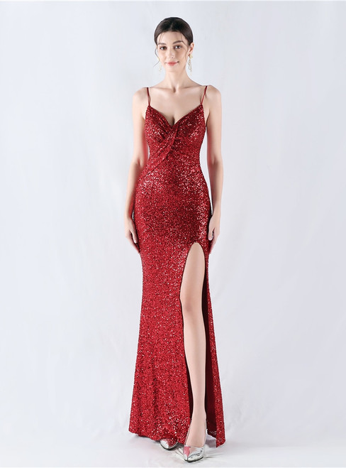 In Stock:Ship in 48 Hours New Burgundy Sequins Split Party Dress