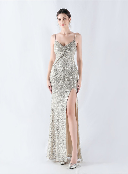 In Stock:Ship in 48 Hours Mermaid Silver Sequins Split Party Dress