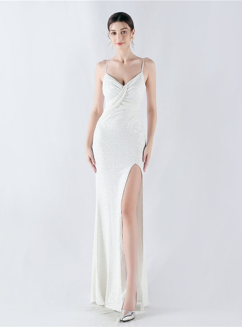 In Stock:Ship in 48 Hours Mermaid White Sequins Split Party Dress