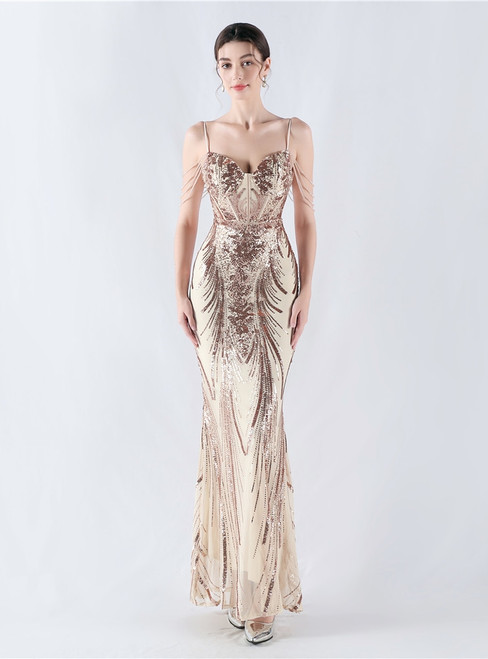In Stock:Ship in 48 Hours Gold Straps Beading Sequins Party Dress