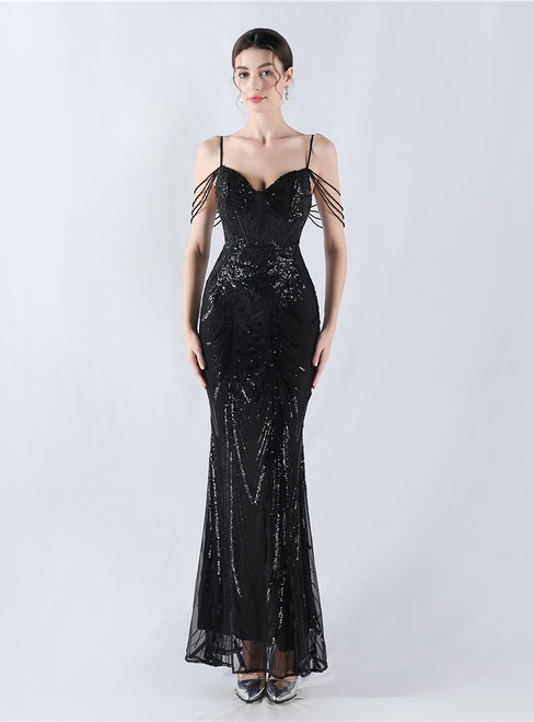 In Stock:Ship in 48 Hours Black Straps Beading Sequins Party Dress
