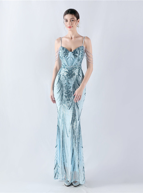 In Stock:Ship in 48 Hours Blue Straps Beading Sequins Party Dress