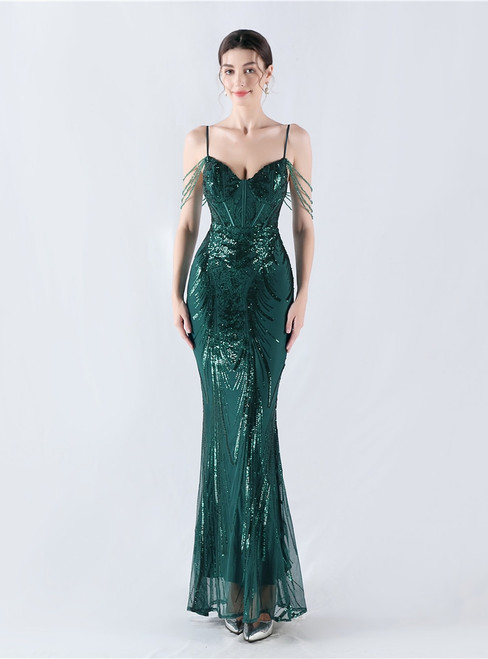 In Stock:Ship in 48 Hours Green Straps Beading Sequins Party Dress
