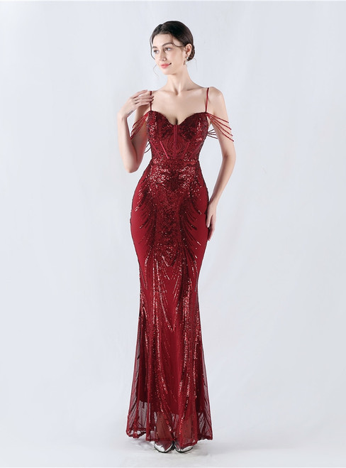 In Stock:Ship in 48 Hours Burgundy Straps Beading Sequins Party Dress