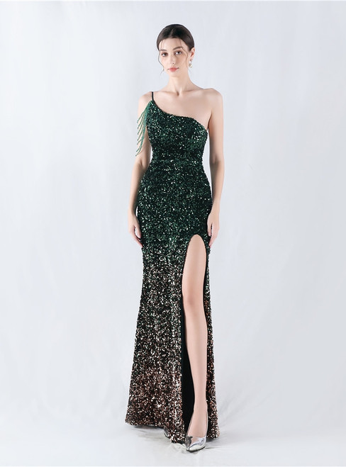In Stock:Ship in 48 Hours Sexy Green Mermaid Sequins One Shoulder Party Dress