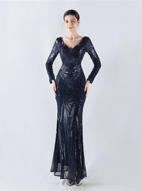 In Stock:Ship in 48 Hours Navy Blue Mermaid V-neck Sequins Party Dress