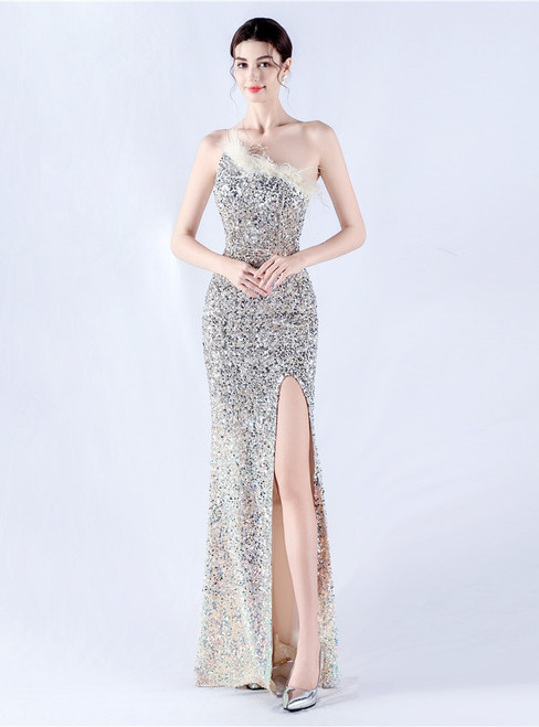 In Stock:Ship in 48 Hours Sexy Silver Mermaid Sequins One Shoulder Party Dress