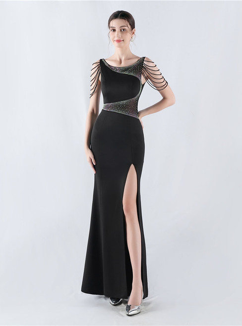In Stock:Ship in 48 Hours Black Mermaid Split Beading Party Dress