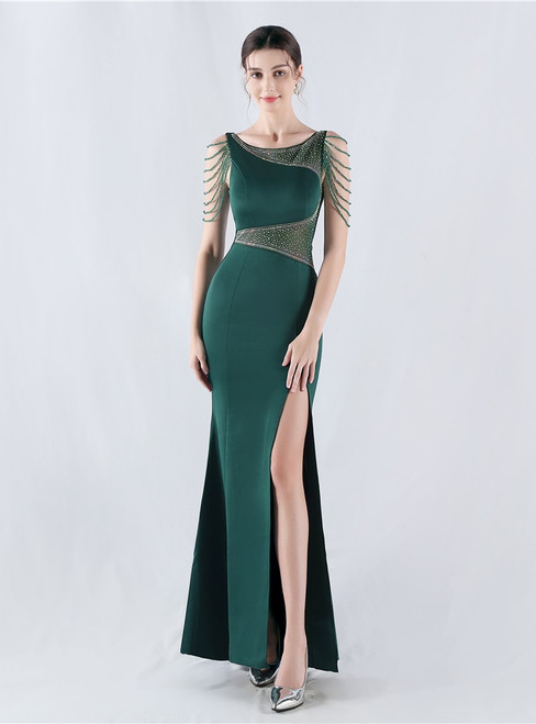 In Stock:Ship in 48 Hours Green Mermaid Split Beading Party Dress
