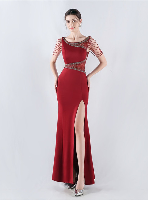 In Stock:Ship in 48 Hours Burgundy Mermaid Split Beading Party Dress