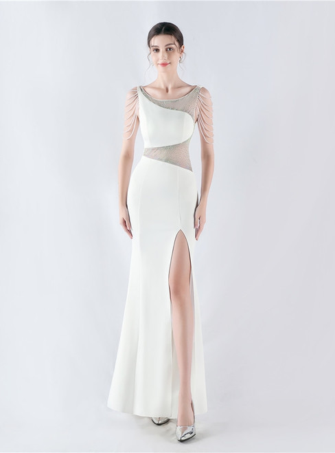 In Stock:Ship in 48 Hours White Mermaid Split Beading Party Dress