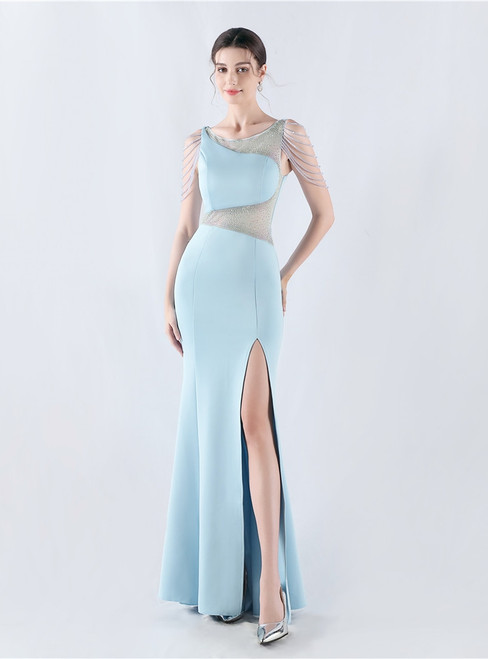 In Stock:Ship in 48 Hours Light Blue Mermaid Split Beading Party Dress