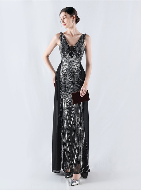 In Stock:Ship in 48 Hours Sexy Black Silver V-neck Sequins Party Dress
