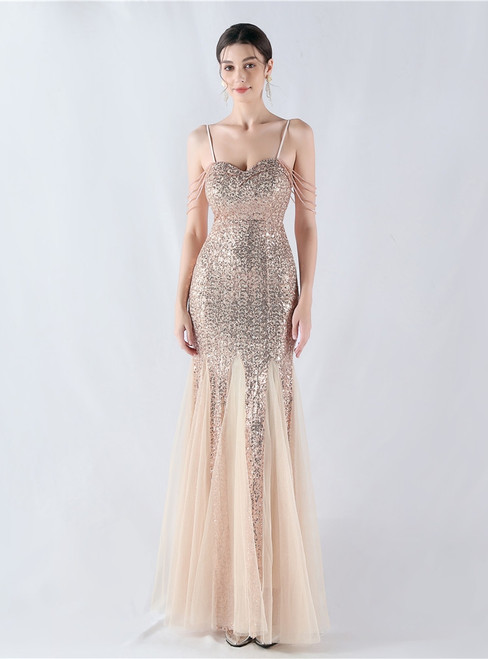 In Stock:Ship in 48 Hours Gold Spaghetti Straps Beading Party Dress