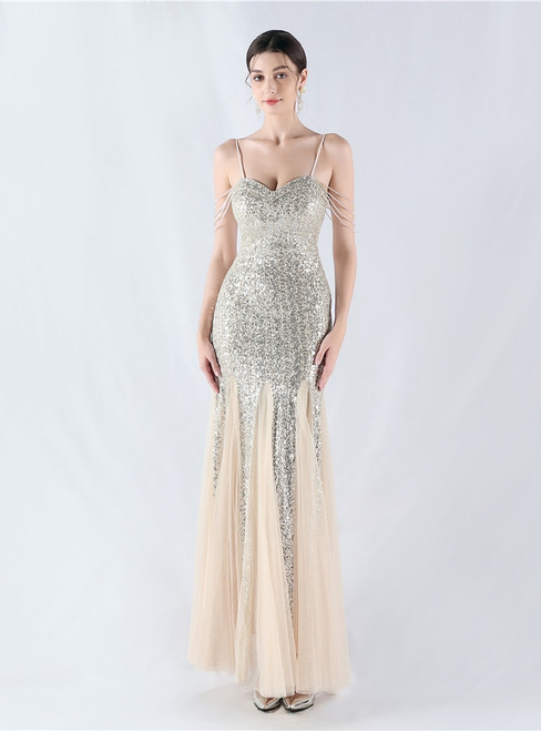 In Stock:Ship in 48 Hours Fashion Apricot Silver Spaghetti Straps Beading Party Dress