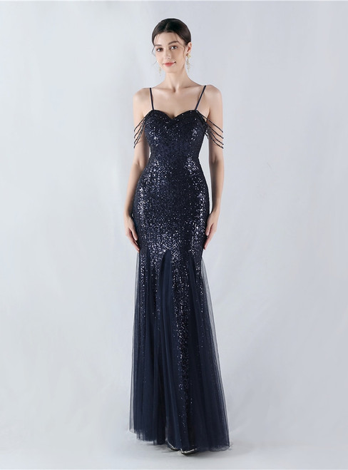 In Stock:Ship in 48 Hours Elegant Black Spaghetti Straps Beading Party Dress