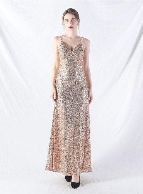 In Stock:Ship in 48 Hours Cheap Gold Sequins Spaghetti Straps Party Dress