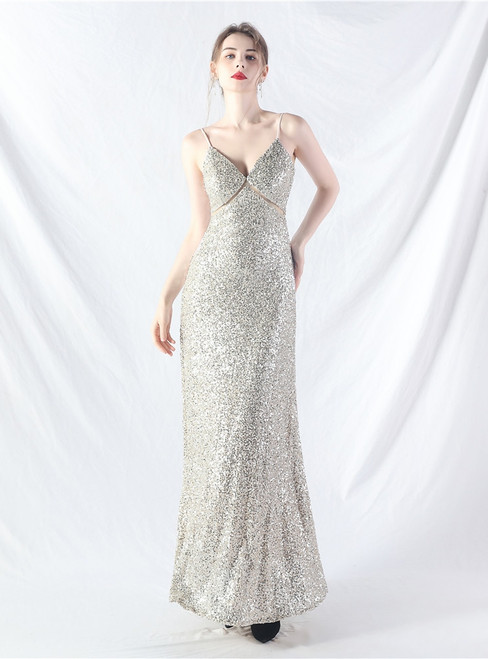 In Stock:Ship in 48 Hours Cheap Silver Sequins Spaghetti Straps Party Dress