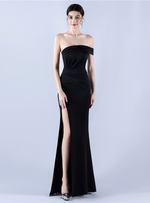 In Stock:Ship in 48 Hours Simple Black One Shoulder Party Dress