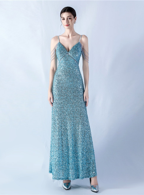 In Stock:Ship in 48 Hours Blue Beading Sequins Straps Party Dress