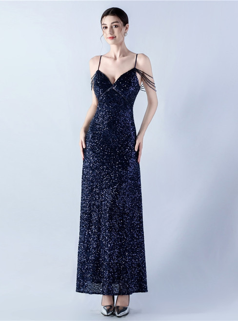 In Stock:Ship in 48 Hours Navy Blue Beading Sequins Straps Party Dress