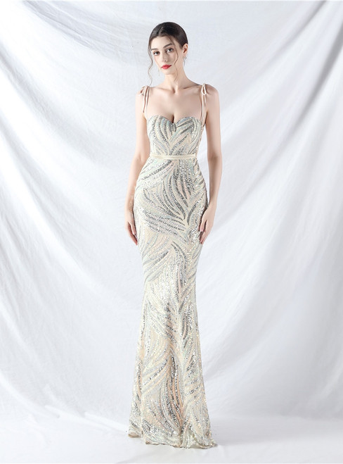 In Stock:Ship in 48 Hours Apricot Silver Mermaid Strapless Sequins Party Dress