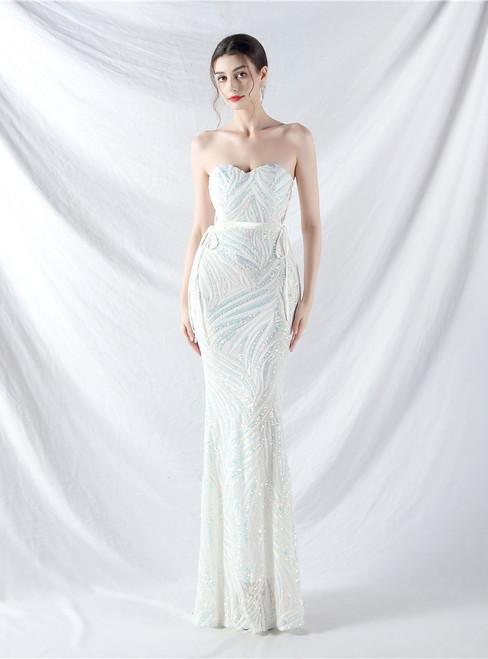 In Stock:Ship in 48 Hours White Mermaid Strapless Sequins Party Dress