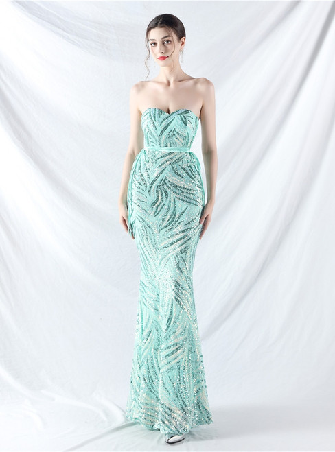 In Stock:Ship in 48 Hours Mint Green Mermaid Strapless Sequins Party Dress