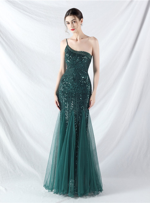 In Stock:Ship in 48 Hours Mermaid One Shoulder Sequins Beading Party Dress
