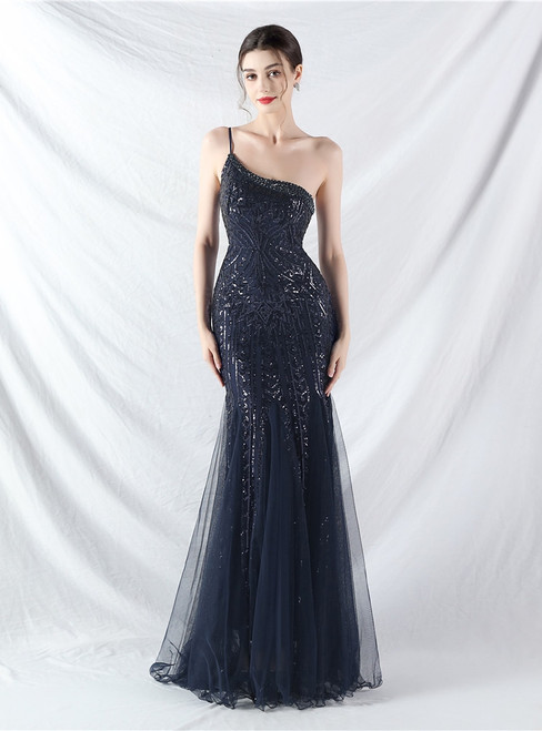 In Stock:Ship in 48 Hours Navy Blue Mermaid One Shoulder Sequins Beading Party Dress