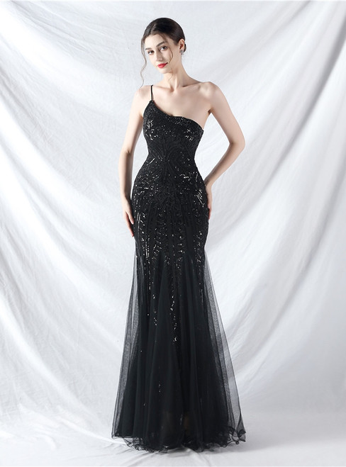 In Stock:Ship in 48 Hours Black Mermaid One Shoulder Sequins Beading Party Dress