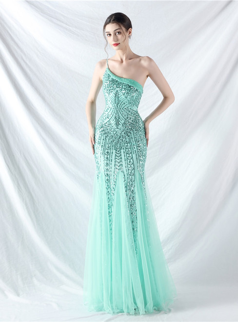 In Stock:Ship in 48 Hours Mint Green Mermaid One Shoulder Sequins Beading Party Dress