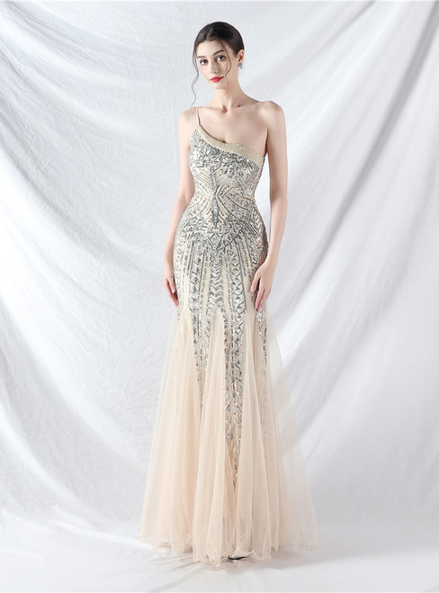 In Stock:Ship in 48 Hours Apricot Silver Mermaid One Shoulder Sequins Beading Party Dress