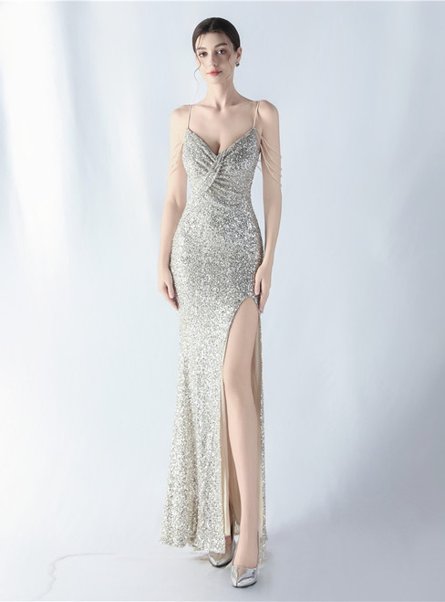 In Stock:Ship in 48 Hours Apricot Silver Sequins Straps Beading Split Party Dress