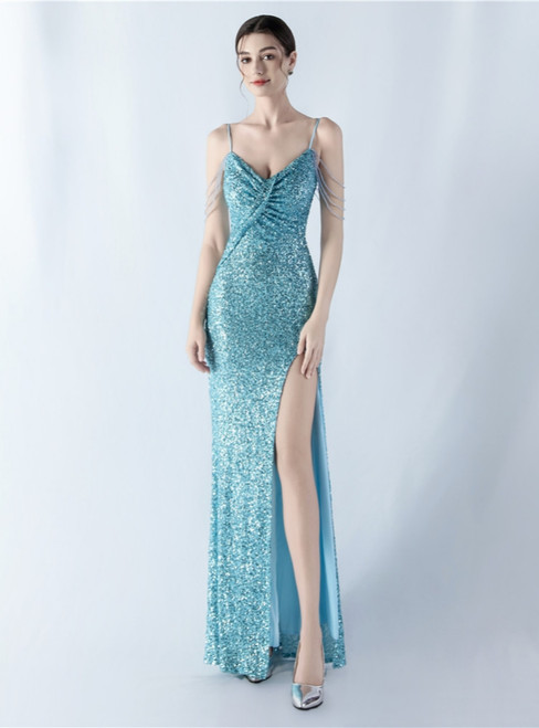 In Stock:Ship in 48 Hours Sky Blue Sequins Straps Beading Split Party Dress