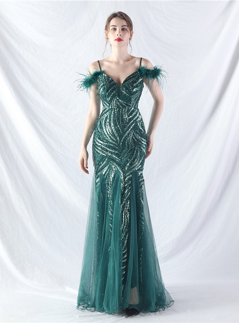 In Stock:Ship in 48 Hours Green Tulle Sequins Straps Party Dress