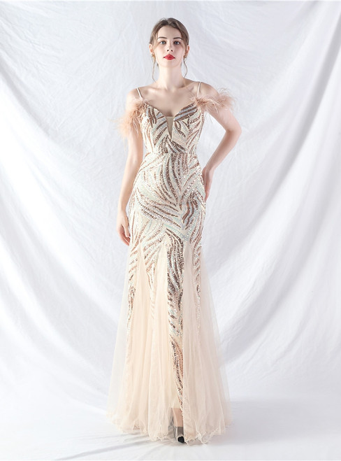 In Stock:Ship in 48 Hours Gold Tulle Sequins Straps Party Dress