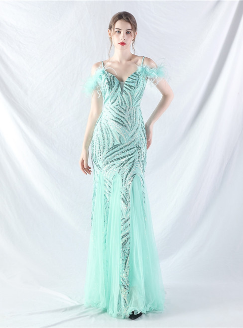 In Stock:Ship in 48 Hours Mint Green Tulle Sequins Straps Party Dress